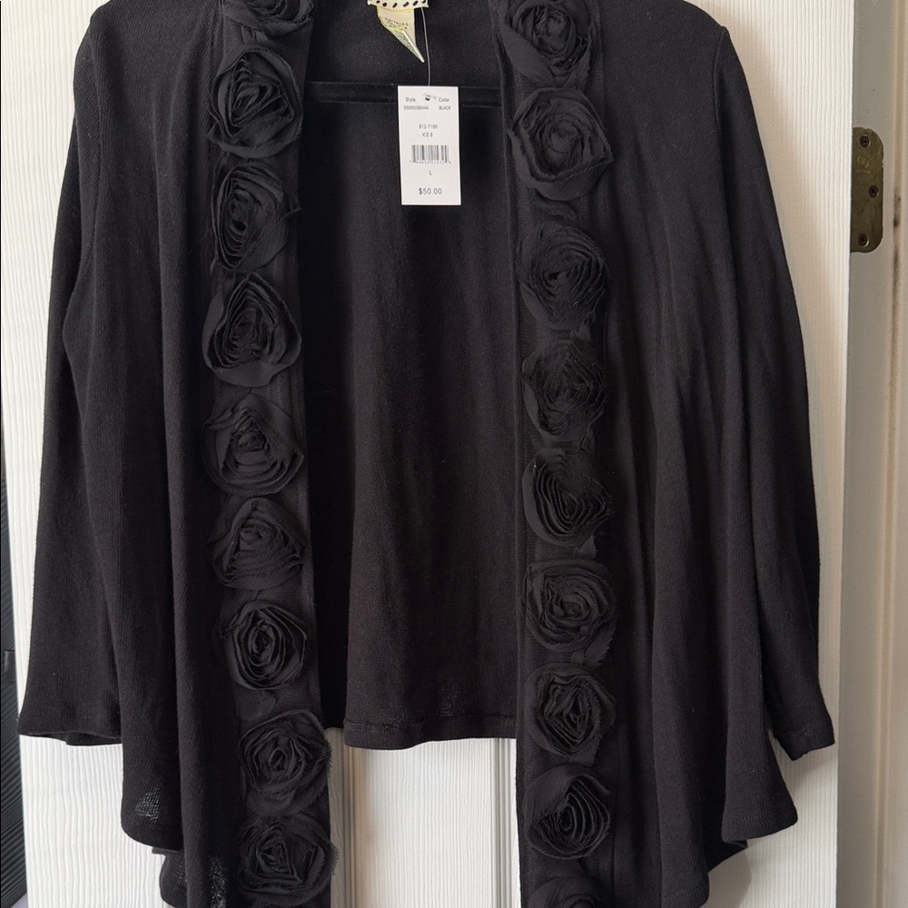iCE Elegant Black Women's Sweater with Floral Accents NWT Sz L